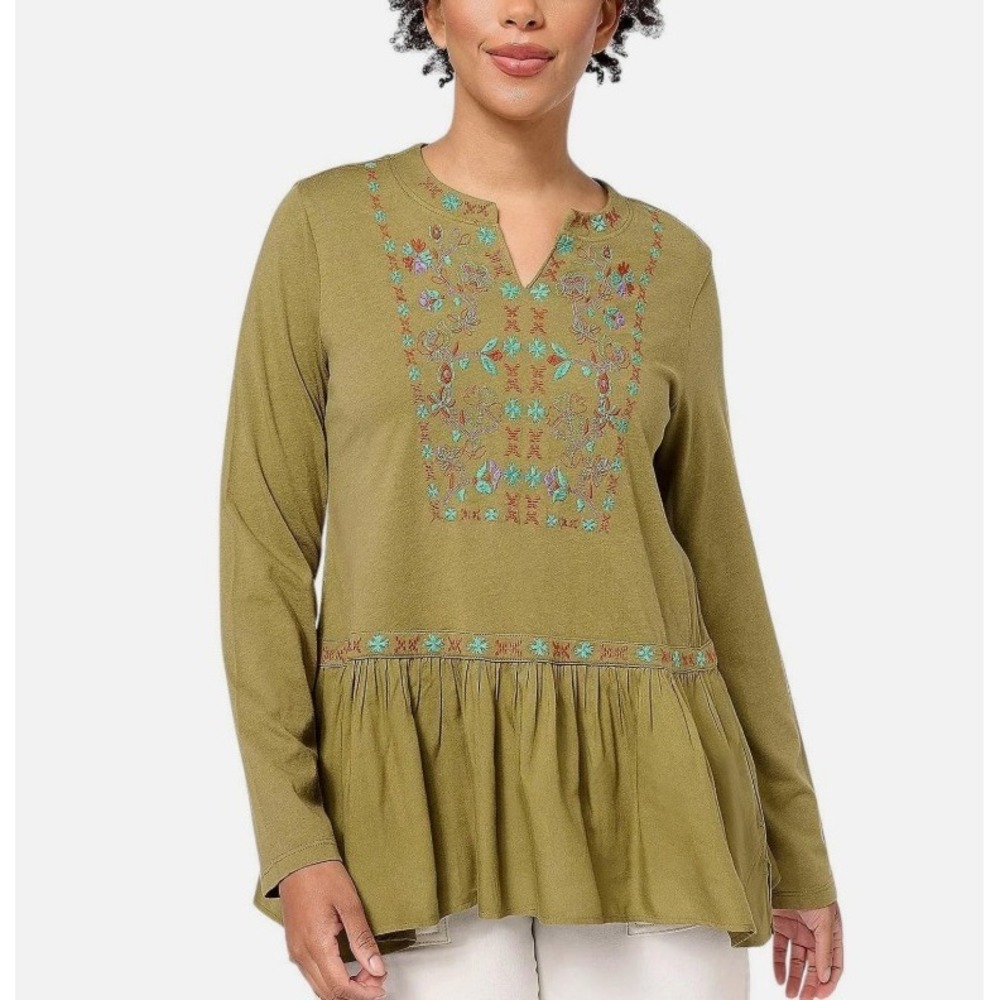 LOGO Womens XL Olive Green Embroidered Boho Peplum Tunic Top Long Sleeve - Picture 1 of 10